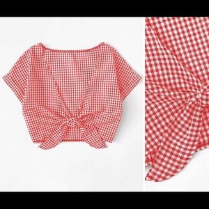 Red and white knot front crop top
